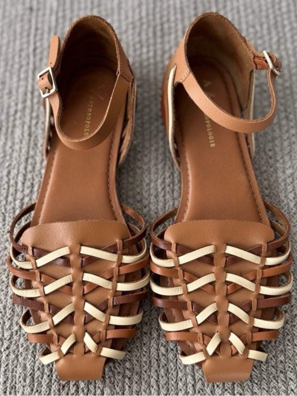 Anthropologie Tan & Cream Woven Ankle-Strap Sandals Size 8